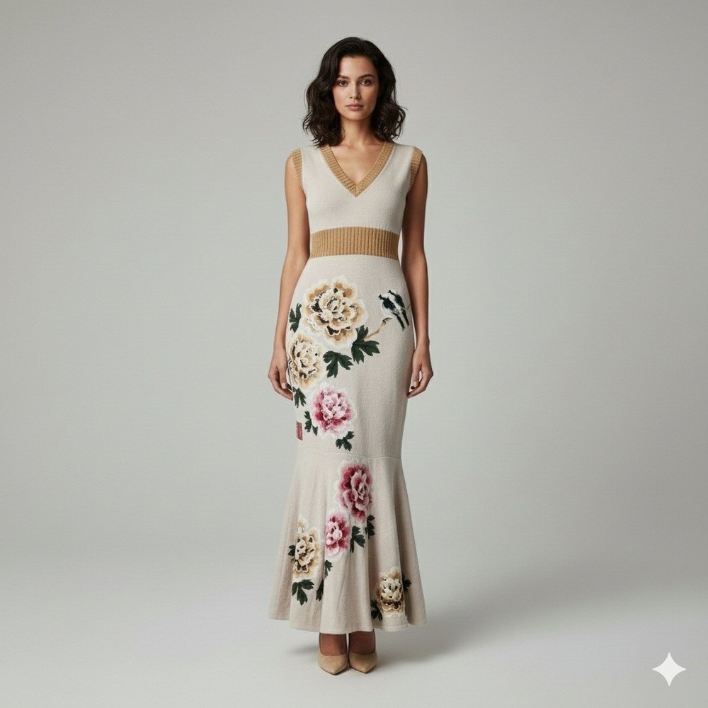FREE EAST Floral Bird‎ V Neck Cashmere Maxi Dress Beige Size S